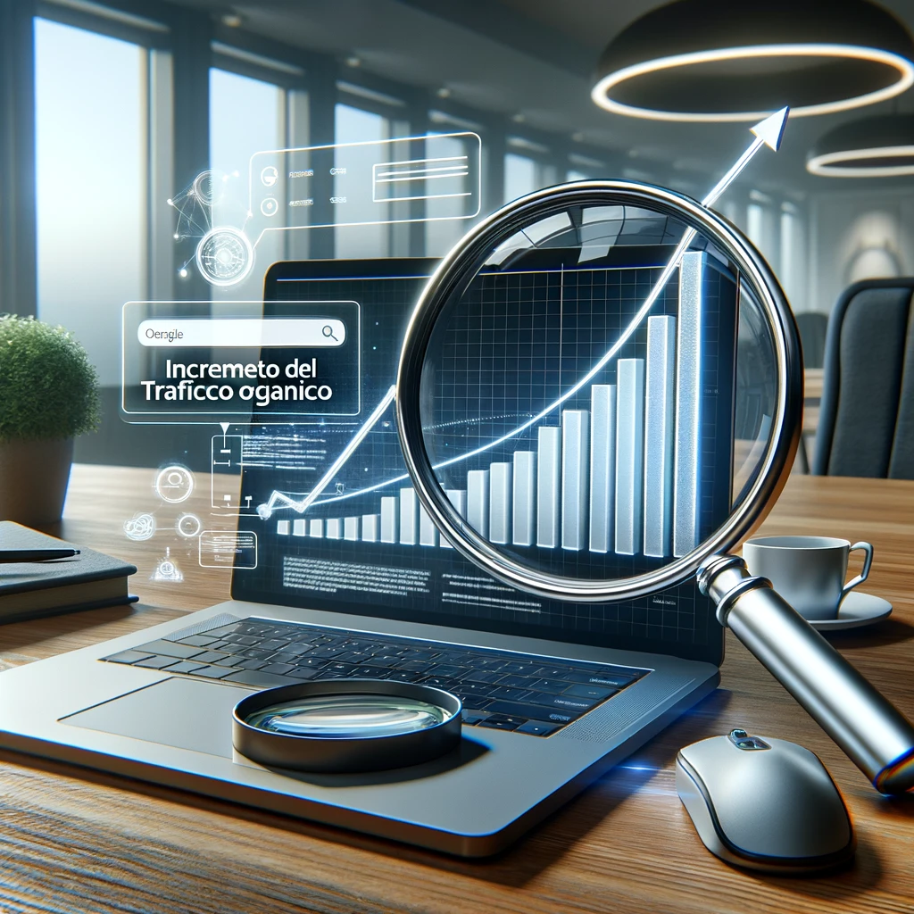 DALL·E 2024-05-23 15.21.39 - A realistic image representing the benefit of increased organic traffic. The image should feature a graph showing a positive trend, a magnifying glass