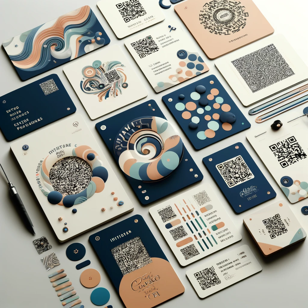 DALL·E 2024-05-25 19.30.06 - Imagen cuadrada de alta calidad mostrando diferentes tarjetas de presentación e invitaciones con códigos QR. La imagen debe mostrar una variedad de ta