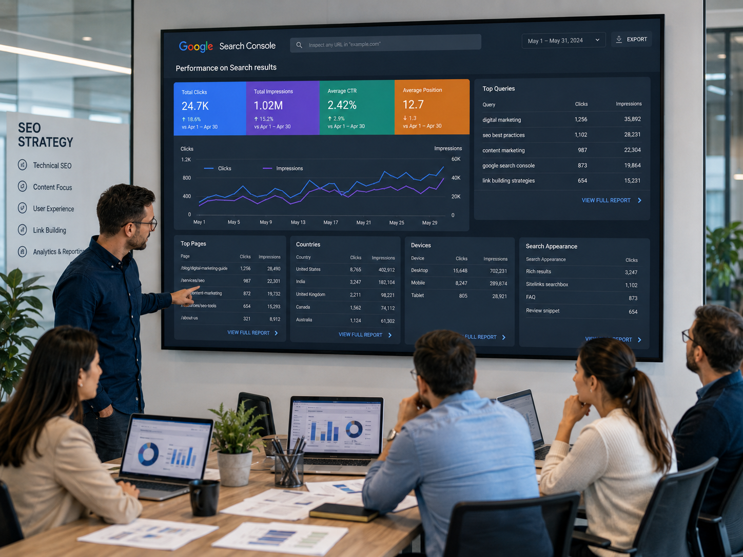 Panel de Google Search Console mostrando rendimiento de búsqueda orgánica y errores de cobertura
